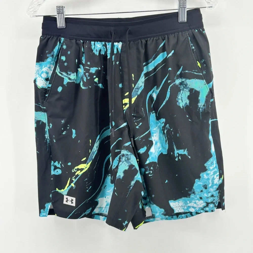Under Armour Mens Loose Fit‎ Athletic Shorts Black Blue Marble Print Medium 7in